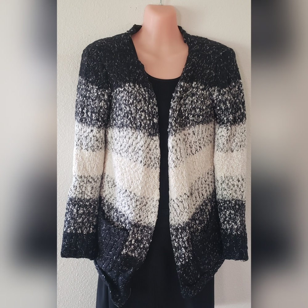 MACYS Black and White Open Front Knit Cardigan Sweater